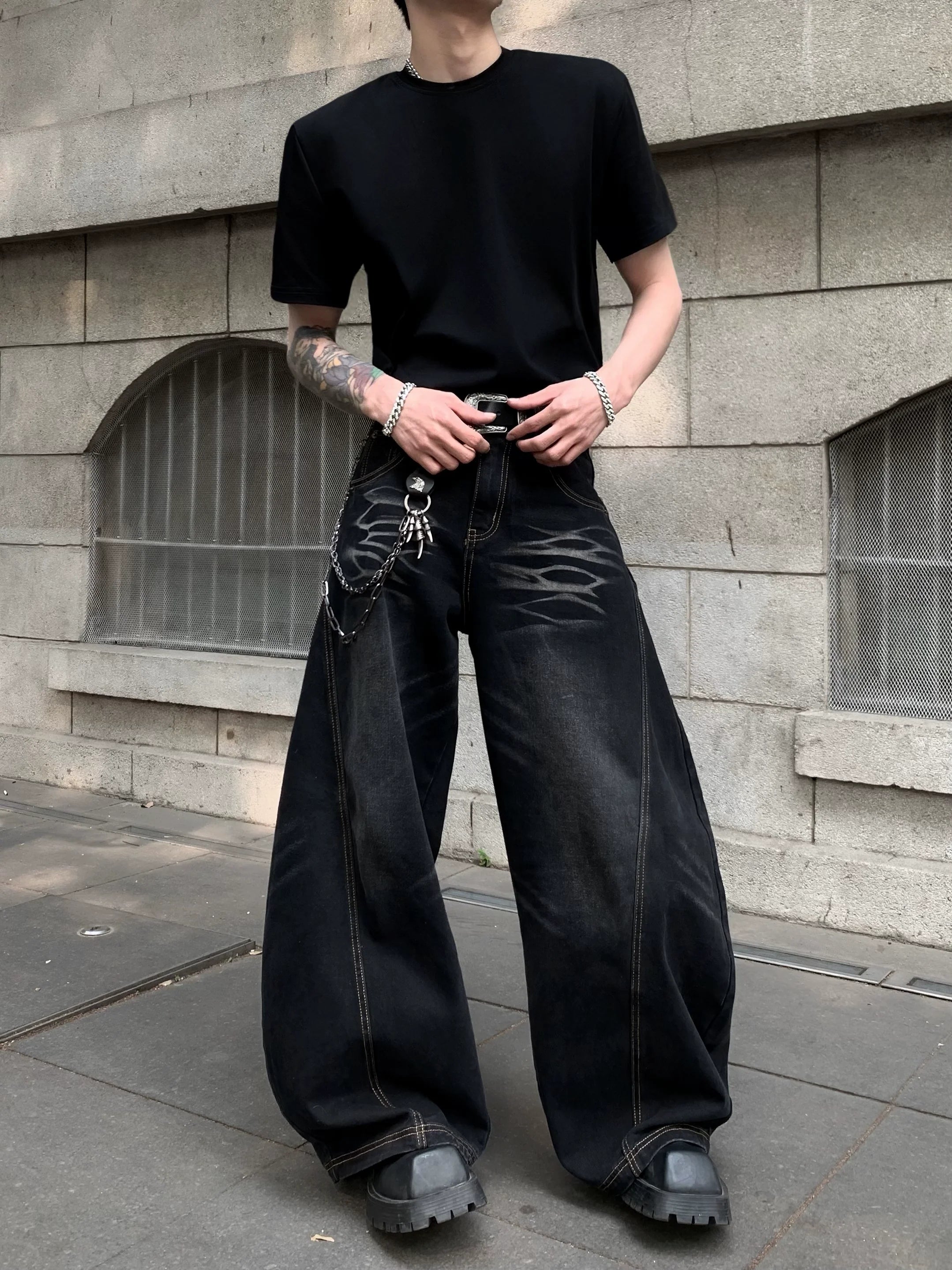 American high street lazy relaxation scimitar pants men's design sense cleanfit jeans high sense