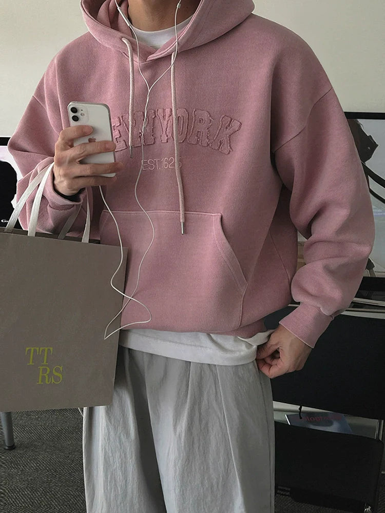 느긋한 바람 레터링 후드 스웨터 남성용 가을 루즈핏 캐주얼 스포츠 탑 한국식 통근 스타일