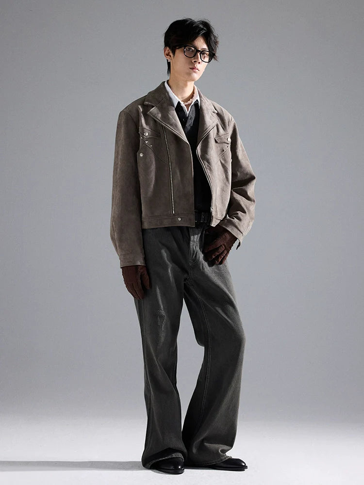 Suede Western "Rivet Short Wide Gun Barge Collar Versatile Boxy Deconstructed Suede Jacket