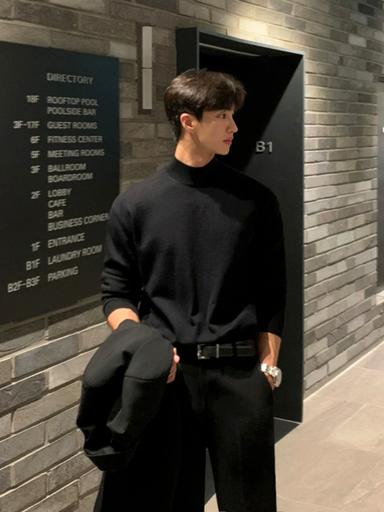 Semi-turtleneck sweater men's autumn and winter loose Korean trend thickened black mid-neck knitted bottoming shirt sweater