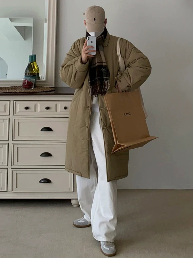 고급 남성용 겨울 무릎 길이 면 패딩 코트 재킷, 한국풍 루즈핏 두꺼운 라펠 면 의류