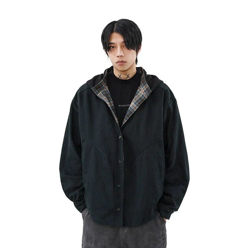 미국 레트로 스타일의 양면 체크무늬 후드 재킷, 남성용, 봄철에 어울리는 루즈핏 커플 스웨터