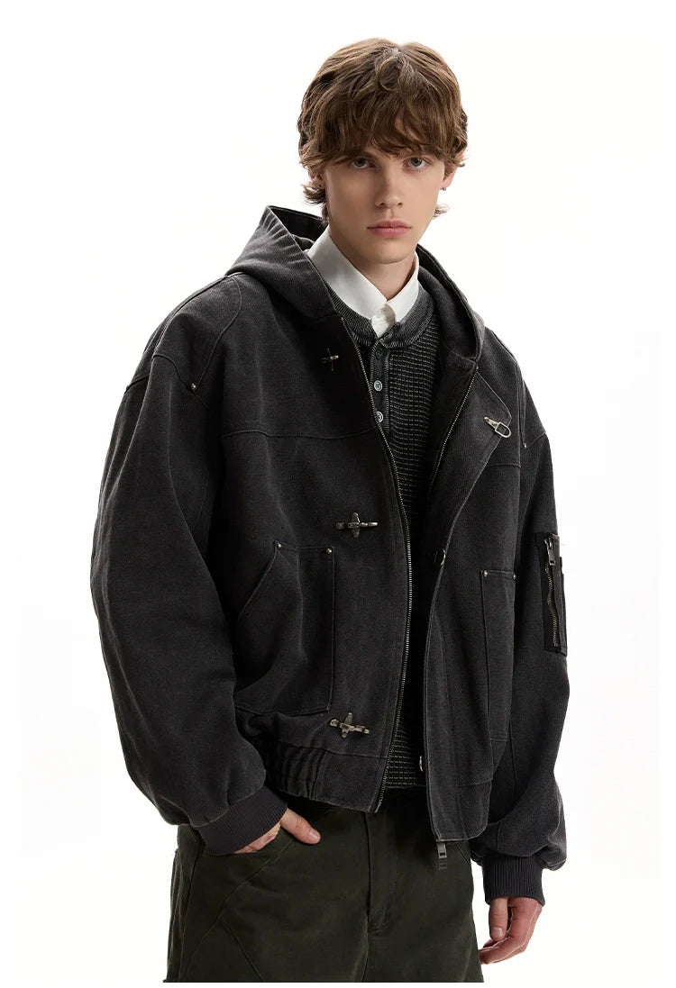 Vintage washed old plane buckle design hooded jacket SIN0952