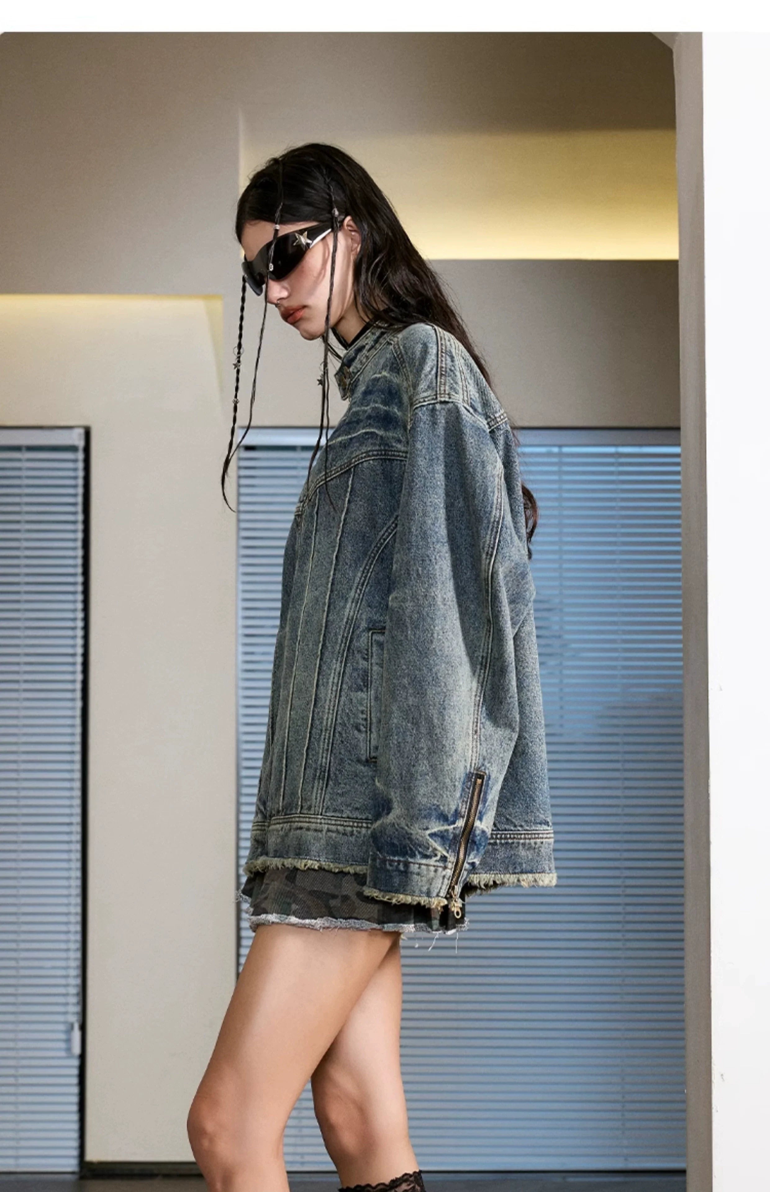 Heavy washed denim jacket American high street stand-up collar jacket SIN0992