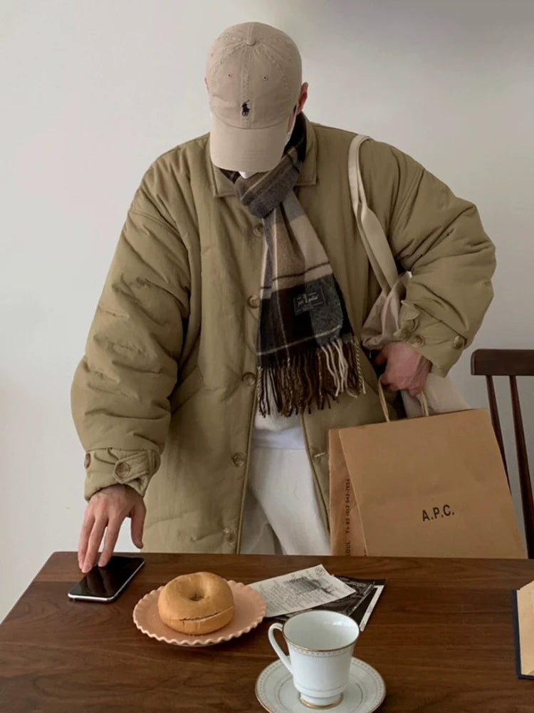 고급 남성용 겨울 무릎 길이 면 패딩 코트 재킷, 한국풍 루즈핏 두꺼운 라펠 면 의류