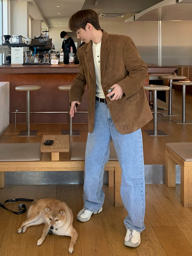 고급 캐주얼 남성 봄 신상 루즈핏 재킷, 한국 트렌드 러플 탑