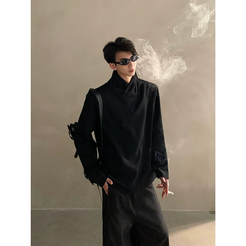 Autumn niche high-end sense stack collar silhouette long-sleeved T-shirt men's loose heavy ruffian handsome top