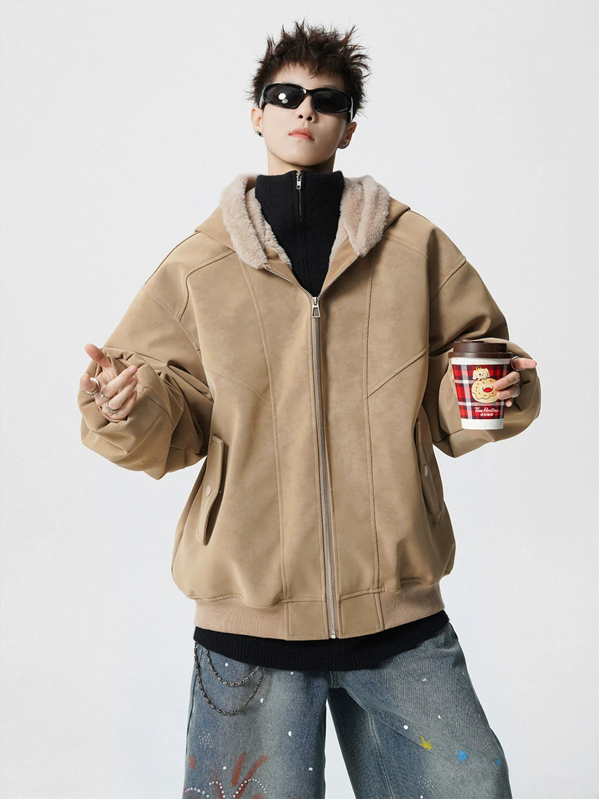 American velvet seat mountain carving cotton-padded jacket men's winter new trendy brand loose high street thickened warm hooded cotton jacket