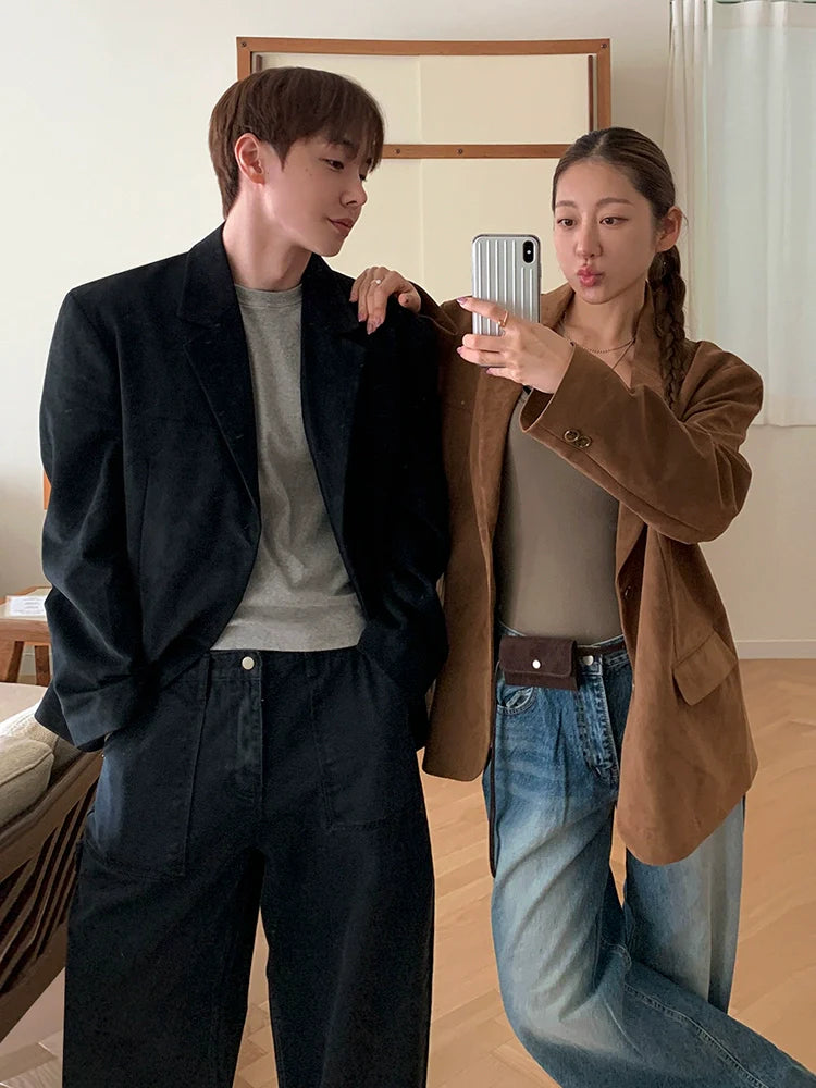 고급 캐주얼 남성 봄 신상 루즈핏 재킷, 한국 트렌드 러플 탑