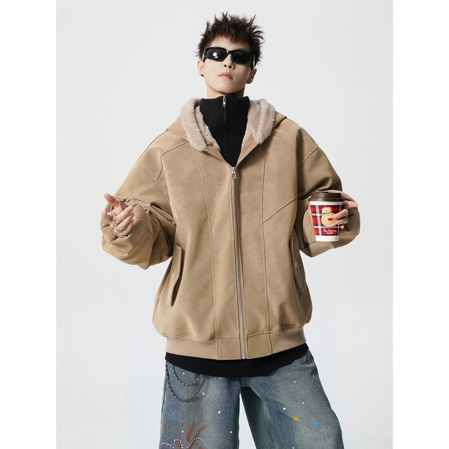 American velvet seat mountain carving cotton-padded jacket men's winter new trendy brand loose high street thickened warm hooded cotton jacket