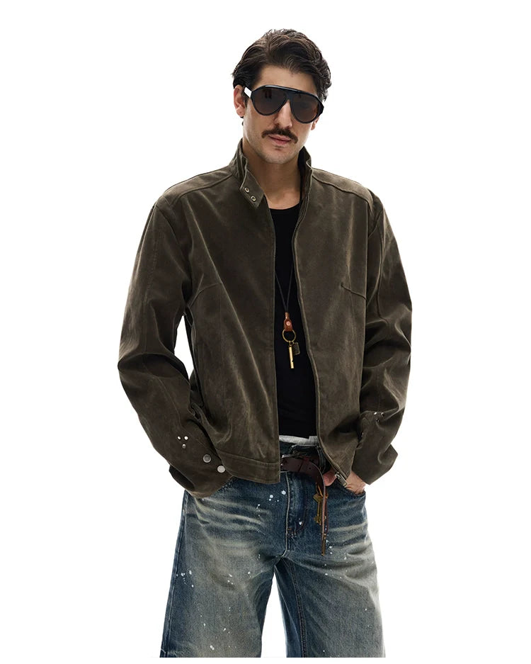 모던 스트리트 레트로 스웨이드 툴링 스탠드업 칼라 재킷, 남녀공용 캐주얼 디컨스트럭션 스플라이싱 숏 코트