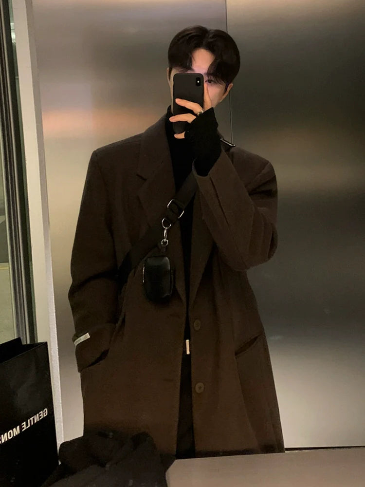 Wool coat men's winter medium and long knee woolen trench coat Korean atmosphere thickened warm jacket