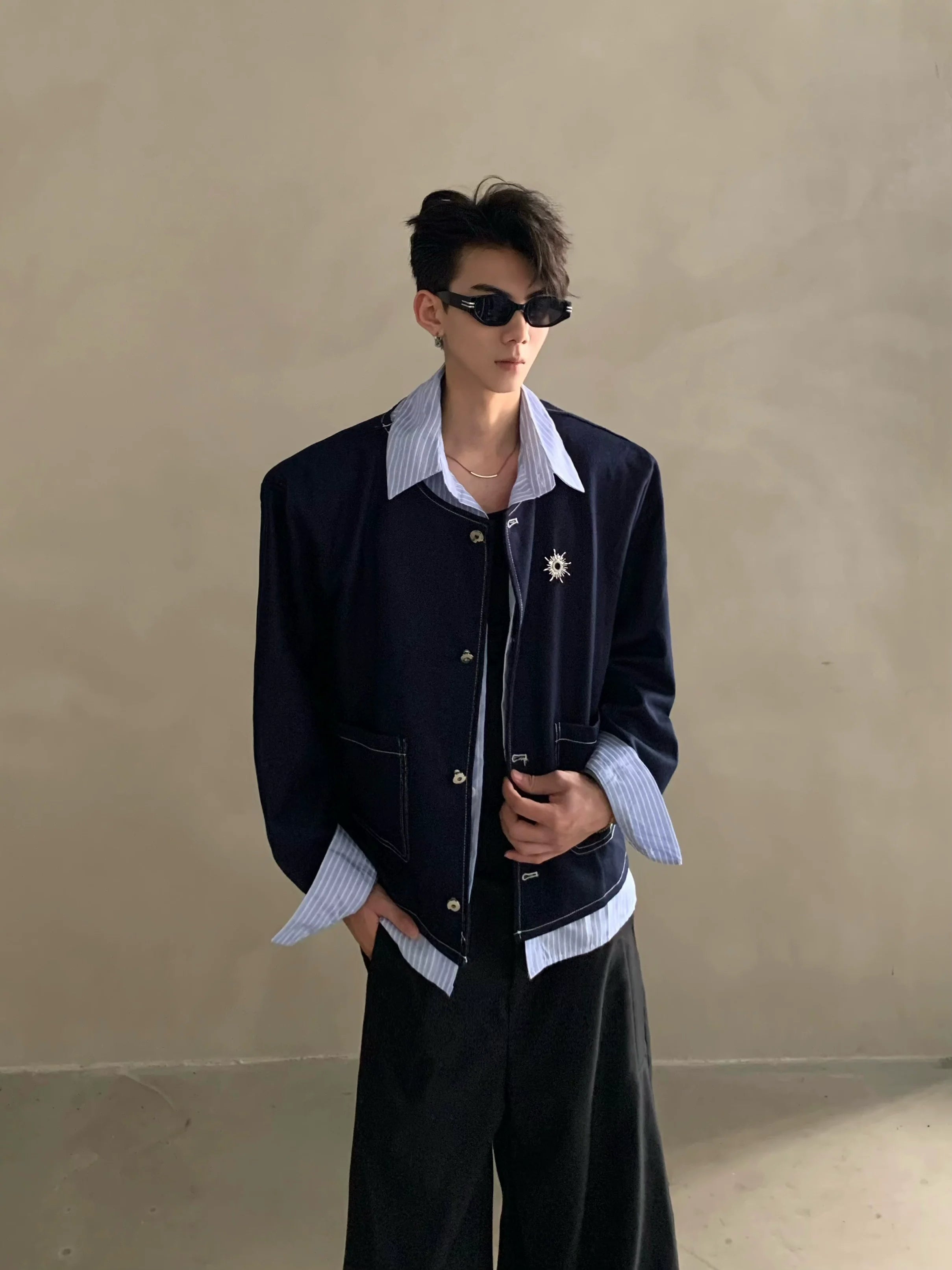 Autumn light luxury high-end fake two-piece splicing design shirt male ruffian handsome shoulder padded jacket jacket