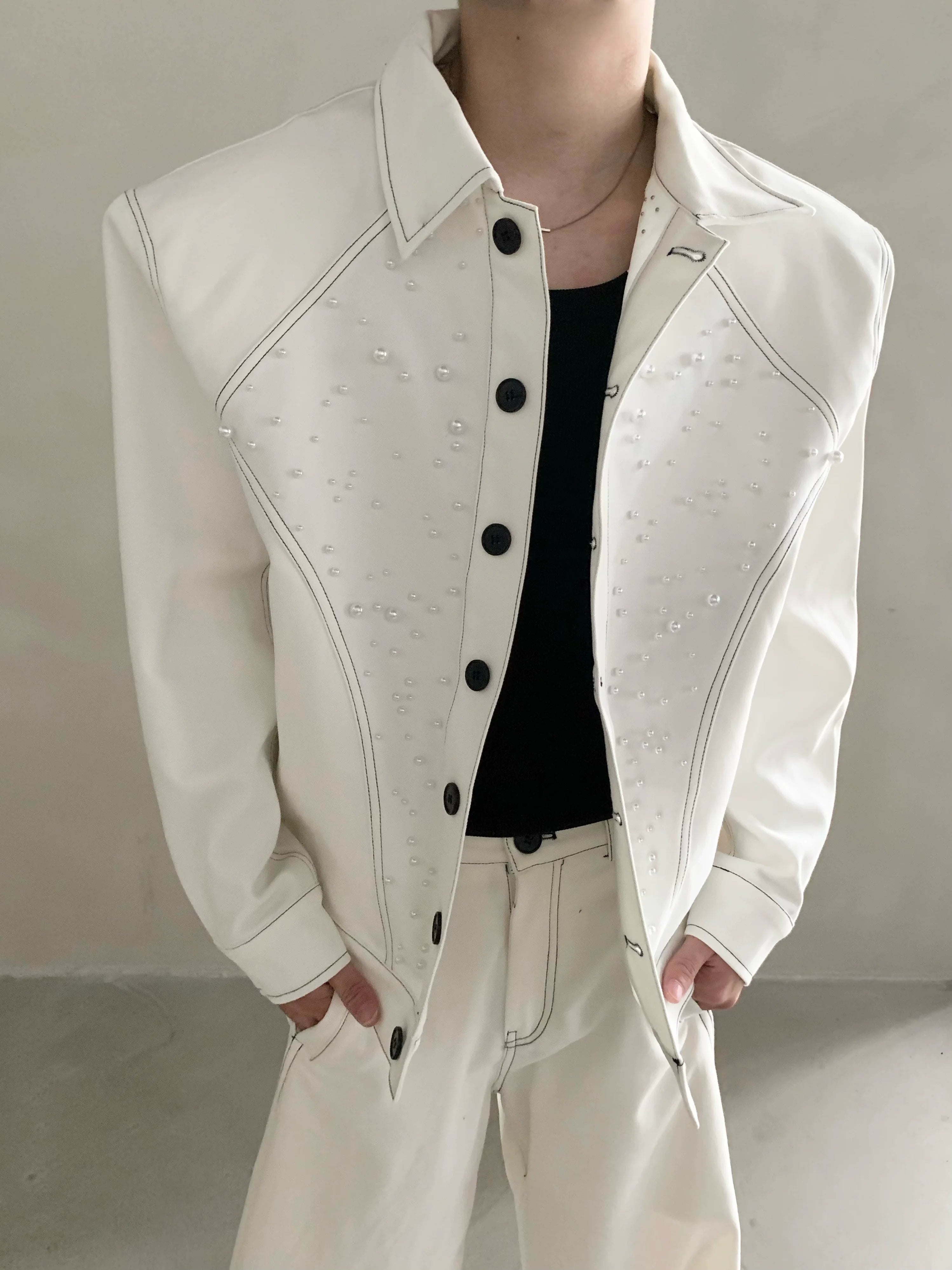 Niche high-end white shoulder padded jacket jacket men's autumn trousers suit minimalist style