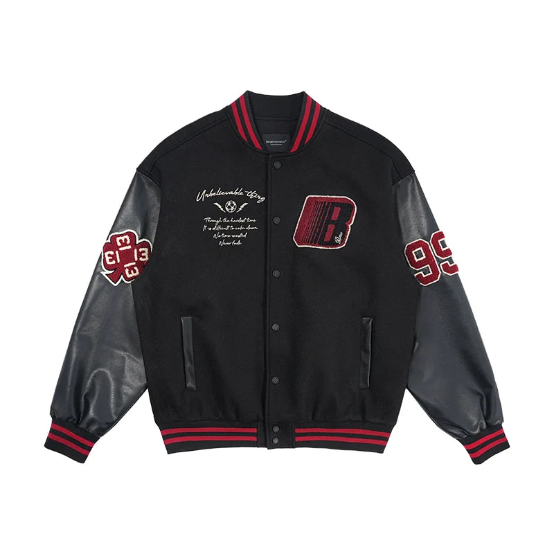 Super fire American retro burgundy baseball jacket men's and women's splicing trendy jacket