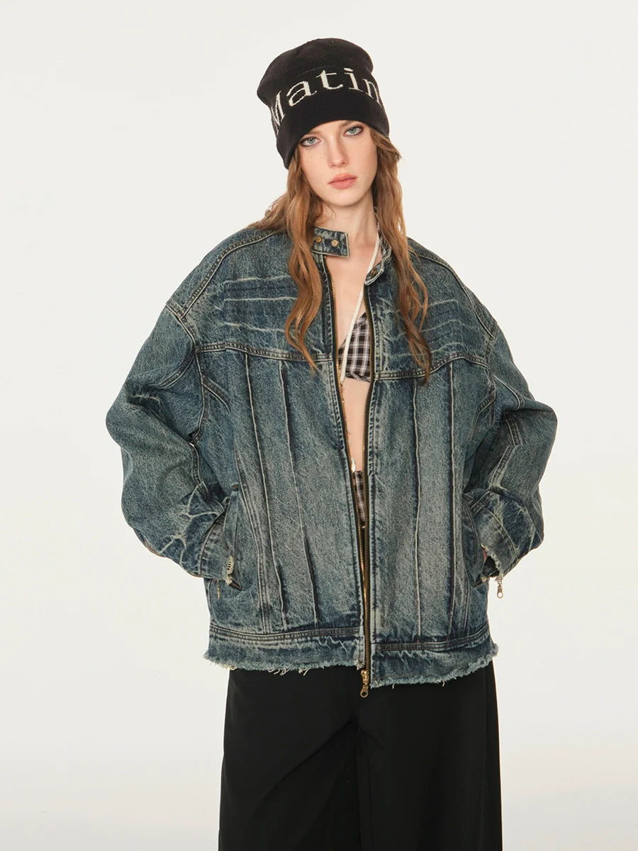 Heavy washed denim jacket American high street stand-up collar jacket SIN0992