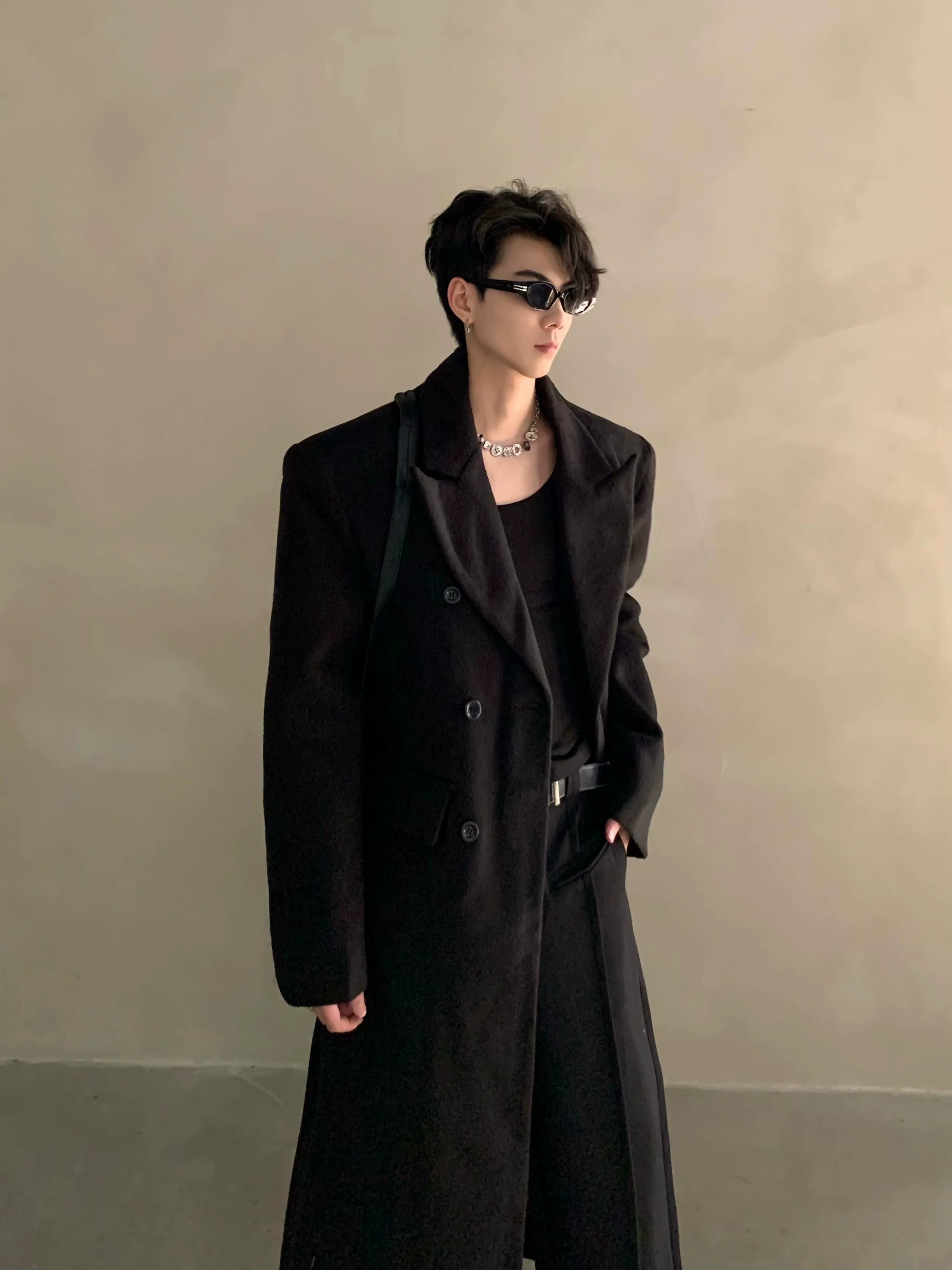 겨울용 어깨 패드 실루엣 울 코트, 남성용 긴 더블 브레스트 프리미엄 트렌치 코트