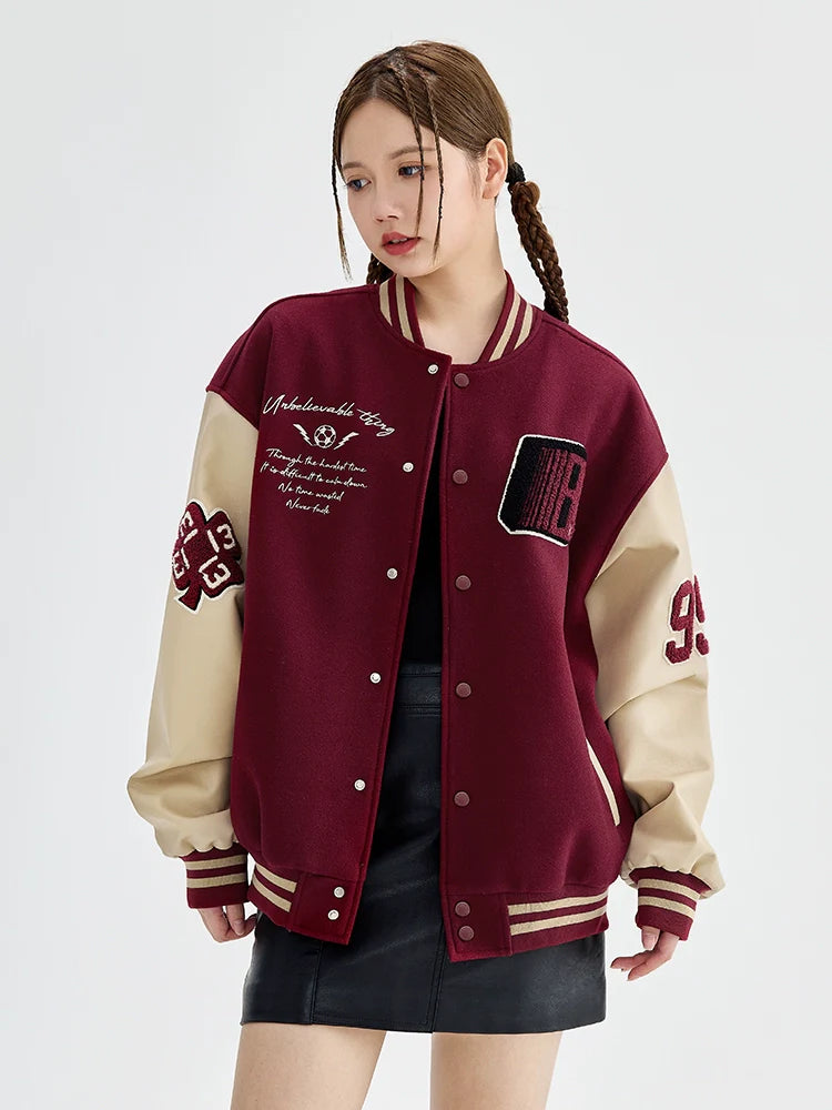 Super fire American retro burgundy baseball jacket men's and women's splicing trendy jacket