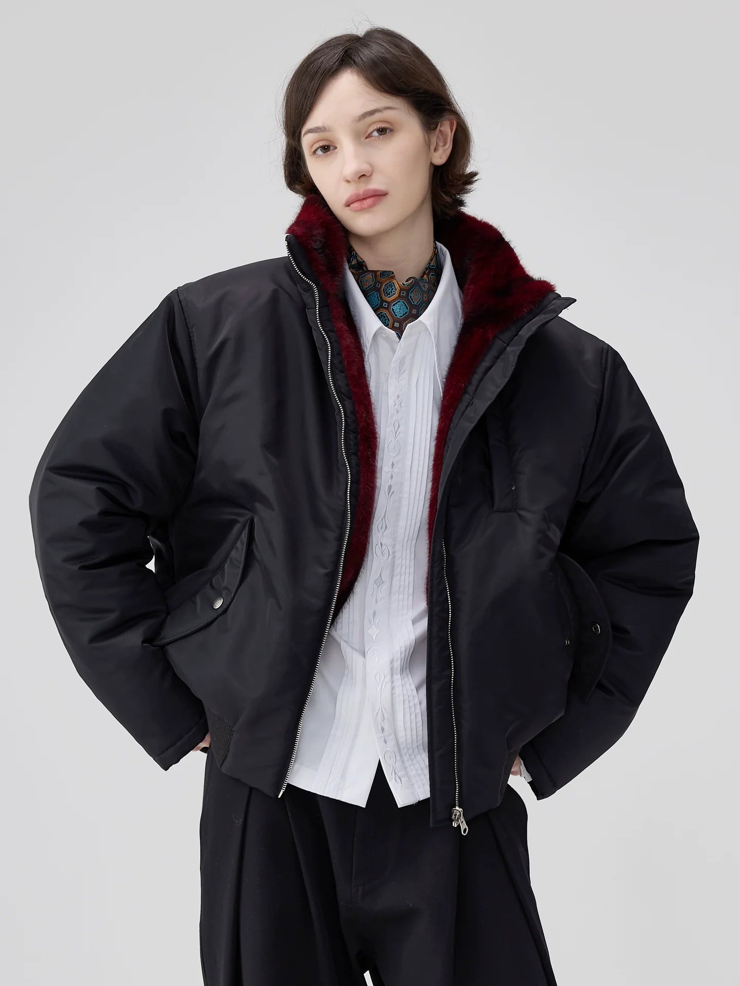 산악 조각 무늬 모조 늑대털, 스탠드 칼라 면 소재의 남녀 공용 3M 뉴 셜리 G 면 재킷 (양면)