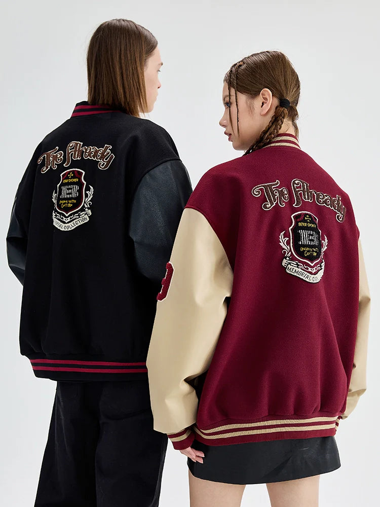 Super fire American retro burgundy baseball jacket men's and women's splicing trendy jacket