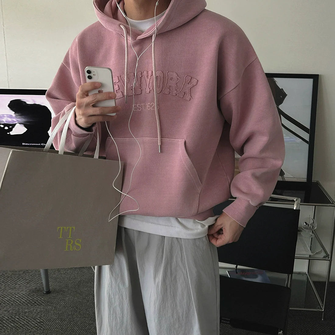 느긋한 바람 레터링 후드 스웨터 남성용 가을 루즈핏 캐주얼 스포츠 탑 한국식 통근 스타일