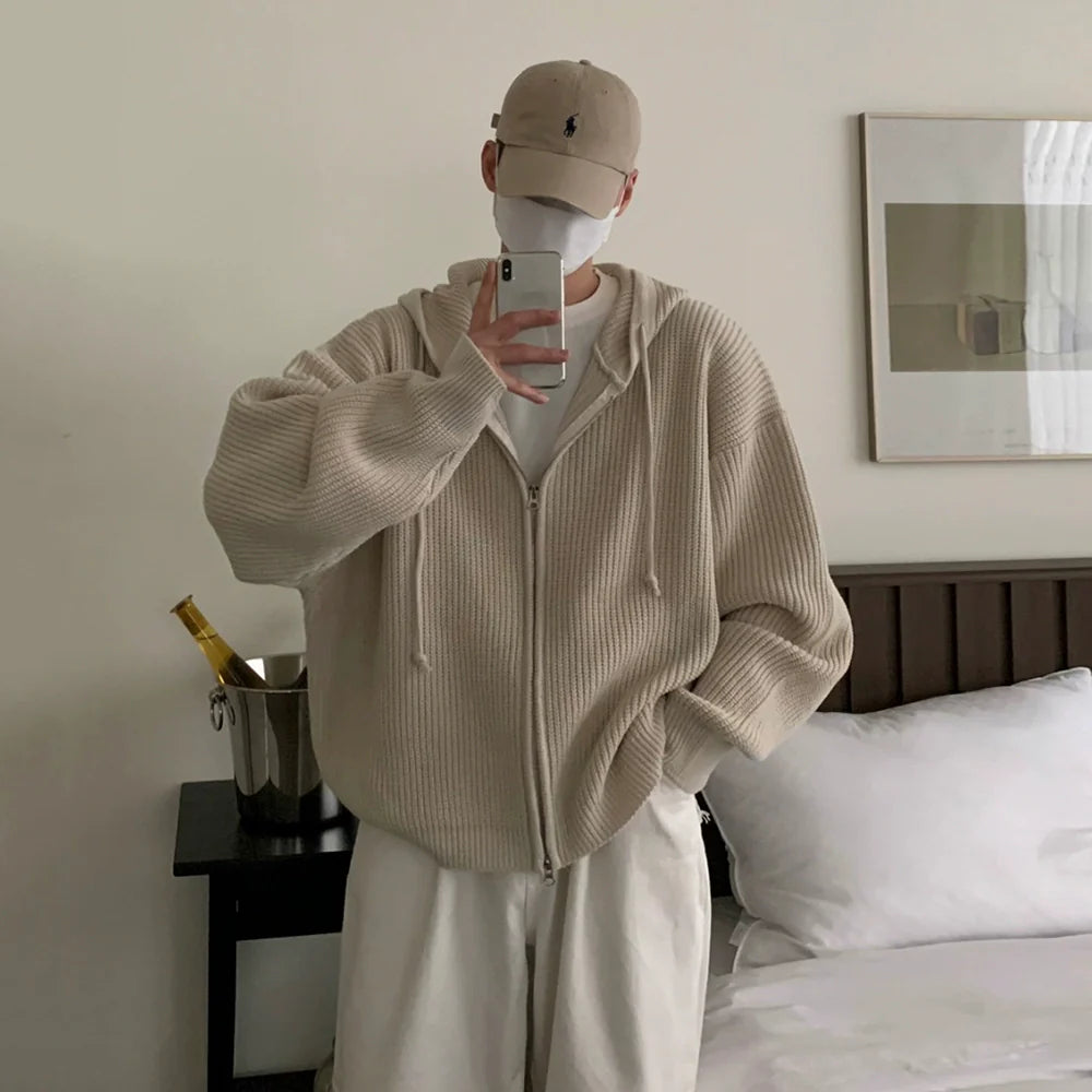 느긋한 바람에 잘 어울리는 후드 니트 스웨터 재킷, 남성용 가을/겨울 출퇴근복, 한국풍 루즈핏 고급 스웨터