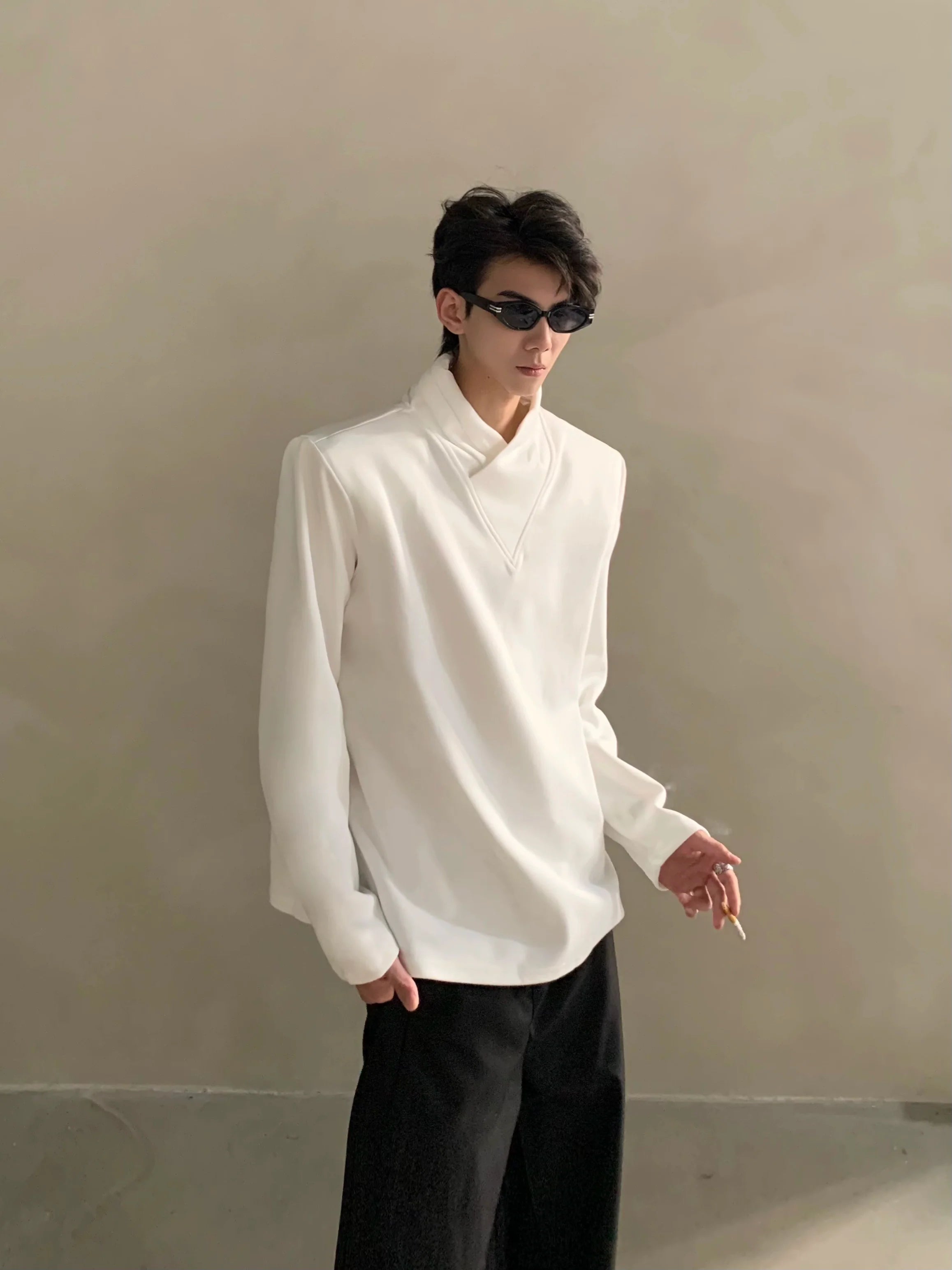 Autumn niche high-end sense stack collar silhouette long-sleeved T-shirt men's loose heavy ruffian handsome top