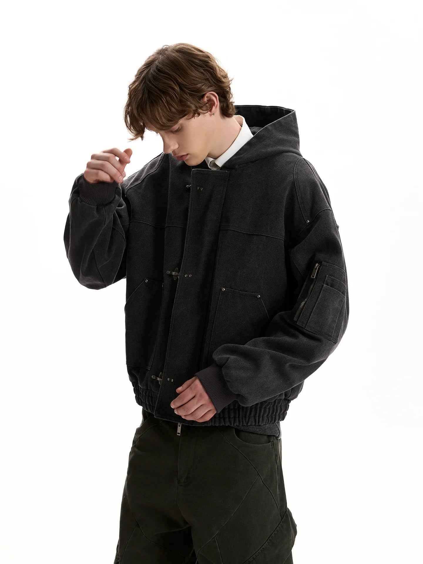 Vintage washed old plane buckle design hooded jacket SIN0952