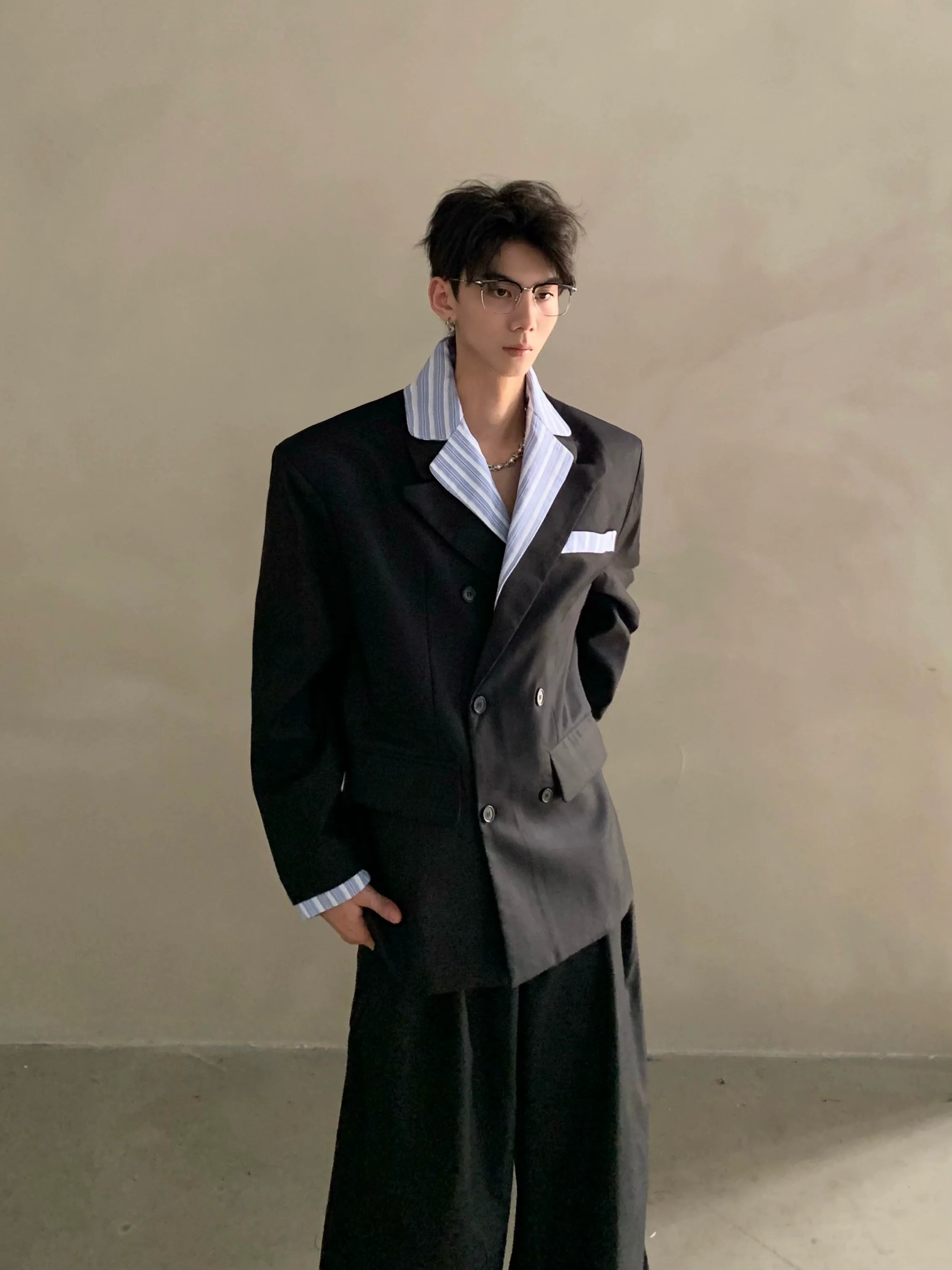 니치 하이엔드 미우 스트라이프 셔츠 칼라 숄더 패딩 수트 남성용 러피안 핸섬 수트 재킷