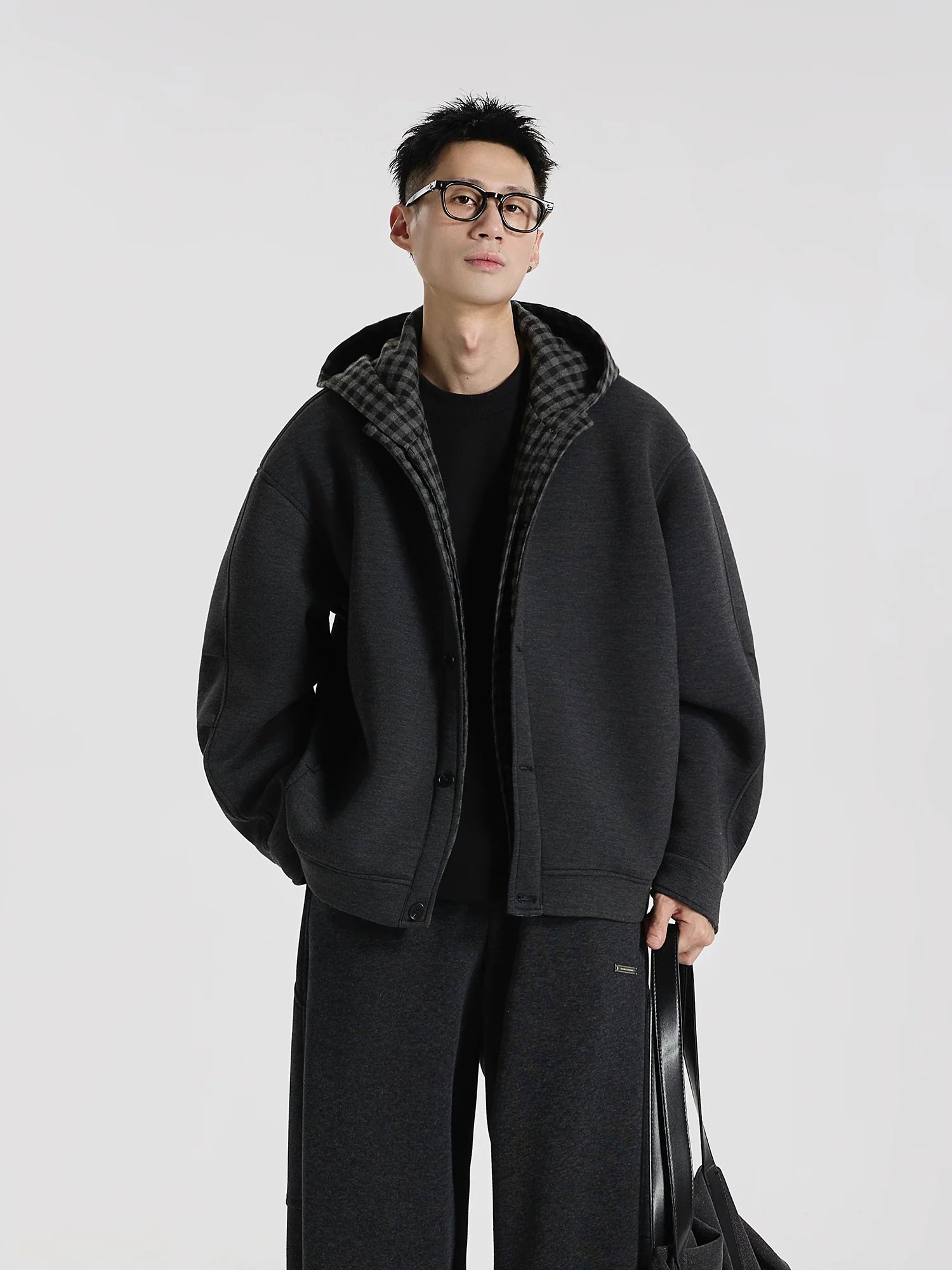 타임 오버래핑" 젤리 에어 레이어 플래드 스플라이싱 페이크 투피스 가디건 후드 스웨터 재킷