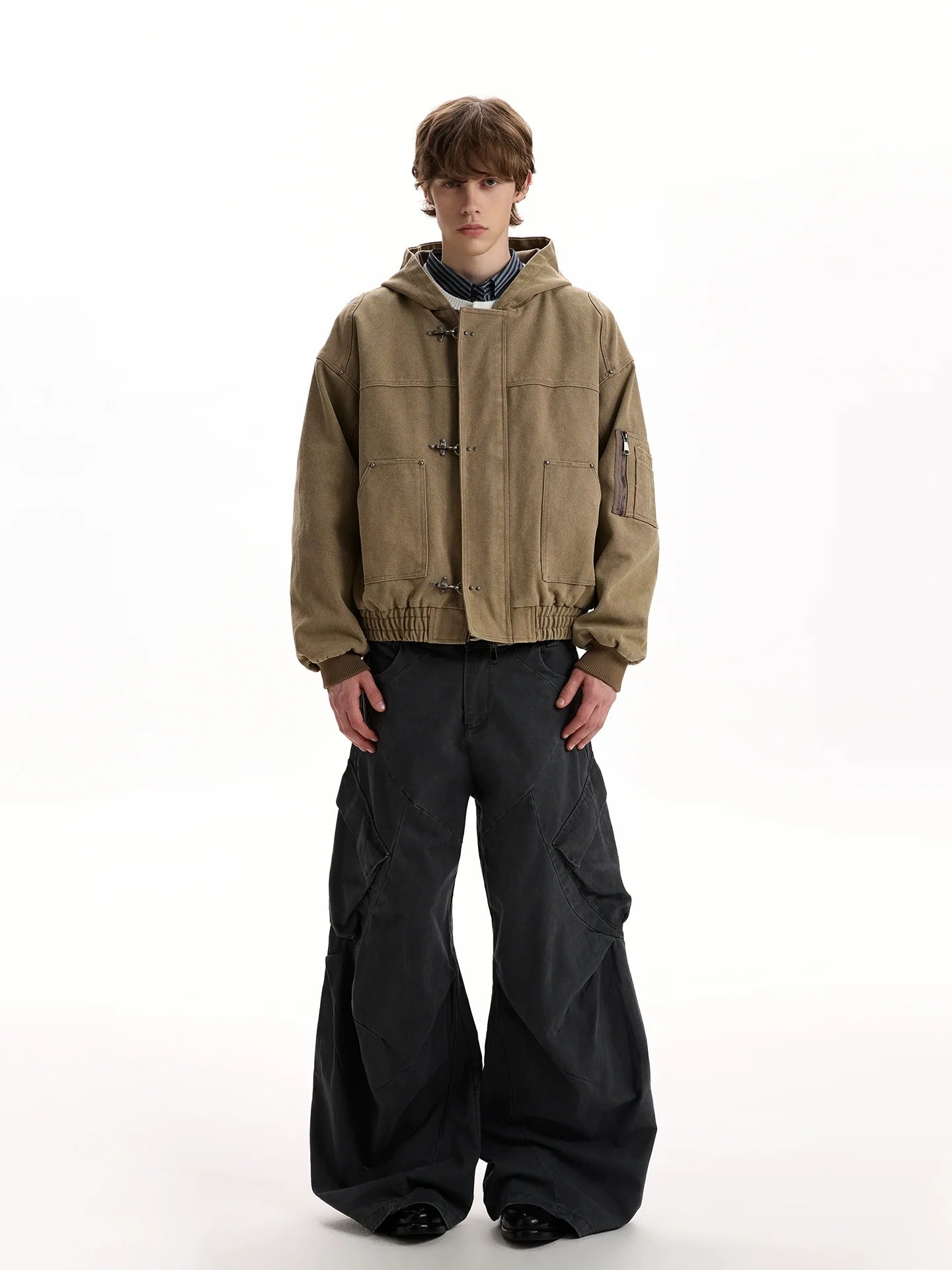 Vintage washed old plane buckle design hooded jacket SIN0952