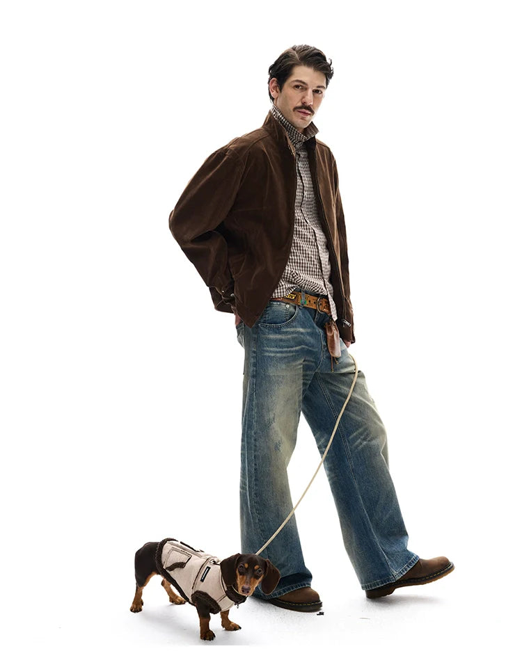 모던 스트리트 레트로 스웨이드 툴링 스탠드업 칼라 재킷, 남녀공용 캐주얼 디컨스트럭션 스플라이싱 숏 코트