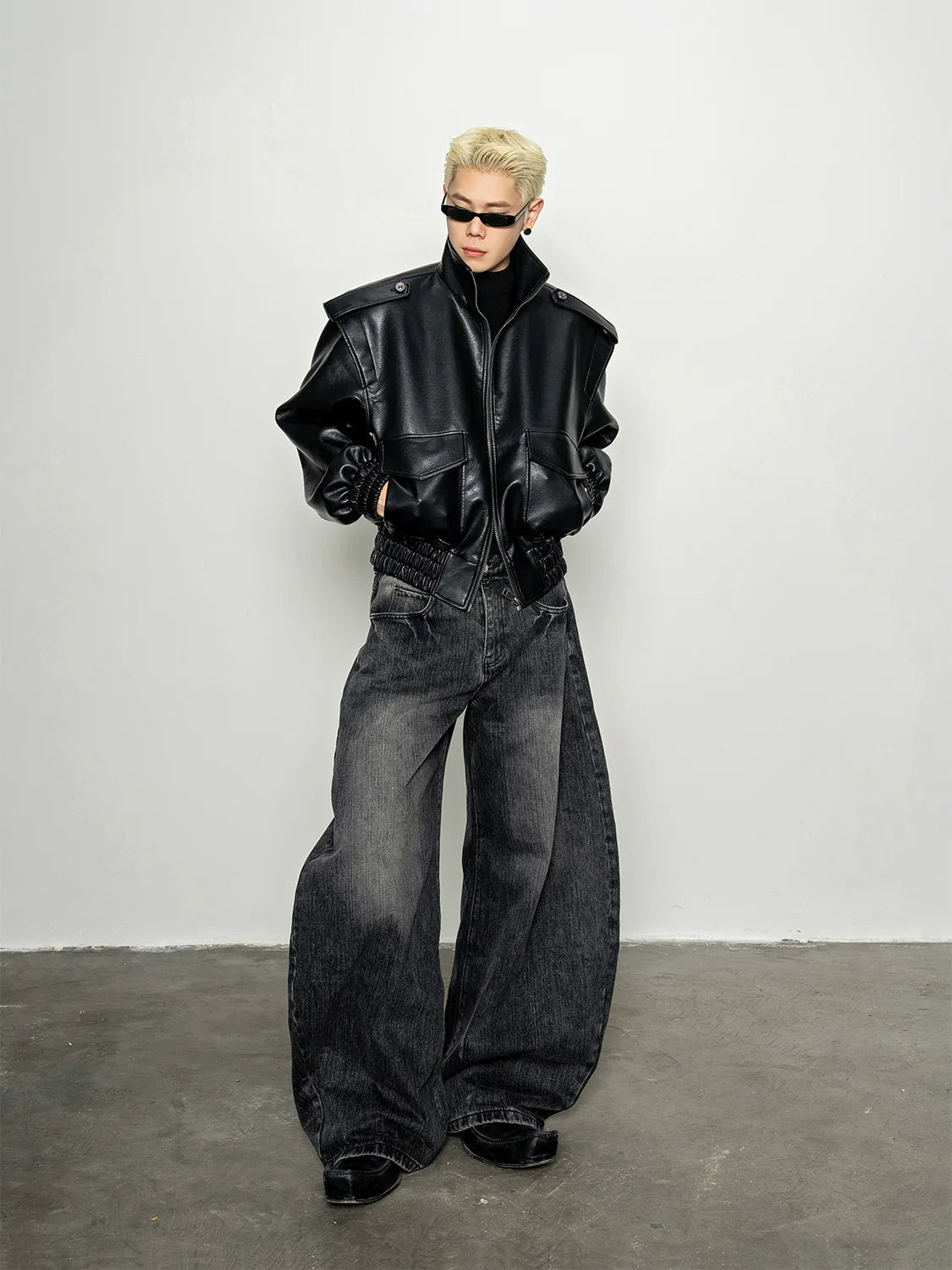 Classic Versatile Old Wash Water Bamboo Pattern Burr Edge Scimitar Jeans Loose Wide Leg Pants