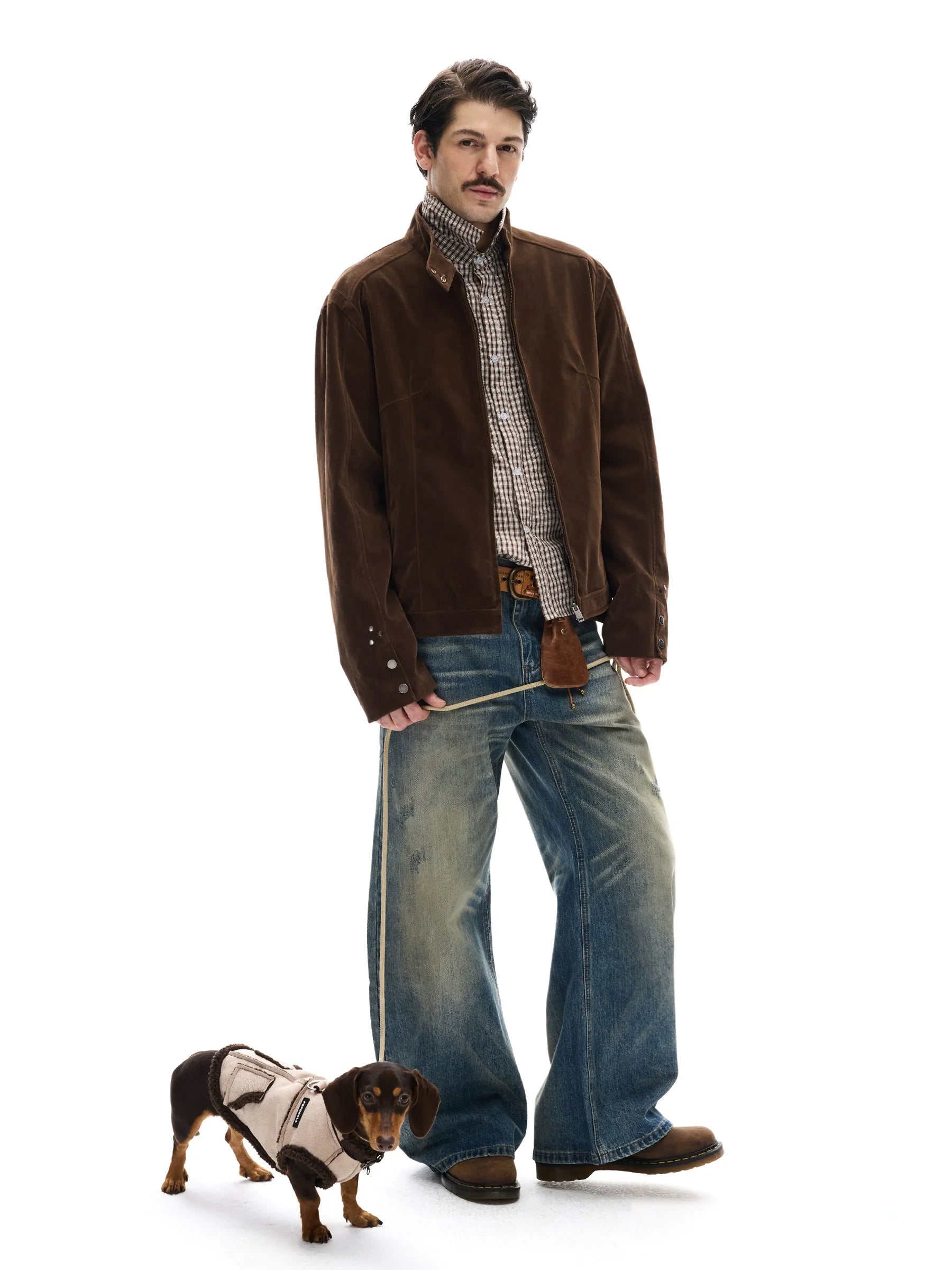 모던 스트리트 레트로 스웨이드 툴링 스탠드업 칼라 재킷, 남녀공용 캐주얼 디컨스트럭션 스플라이싱 숏 코트