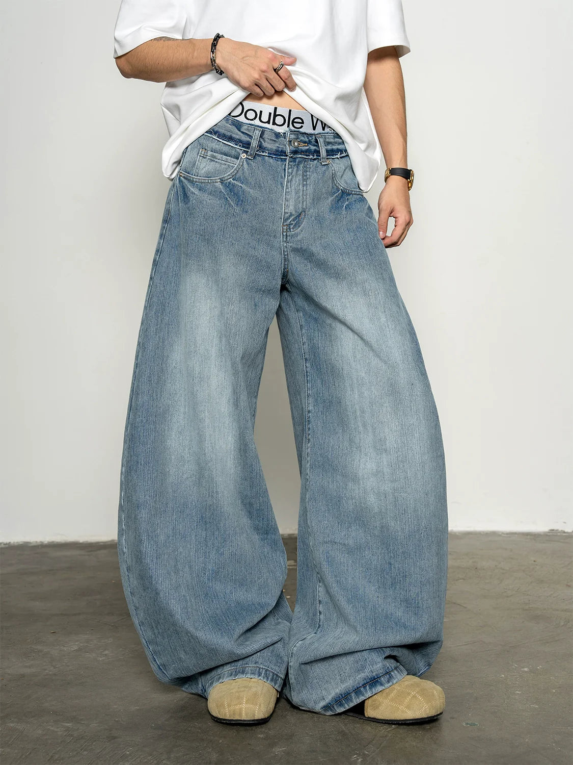 Classic Versatile Old Wash Water Bamboo Pattern Burr Edge Scimitar Jeans Loose Wide Leg Pants