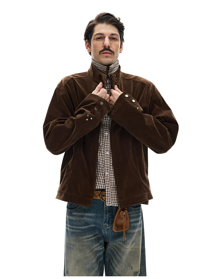 모던 스트리트 레트로 스웨이드 툴링 스탠드업 칼라 재킷, 남녀공용 캐주얼 디컨스트럭션 스플라이싱 숏 코트