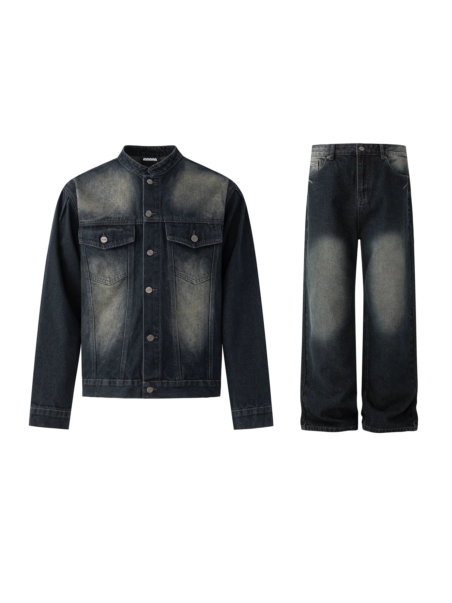 Ruffian handsome retro stand-up collar denim jacket men's spring and autumn loose wide-leg jeans Korean fashion suit