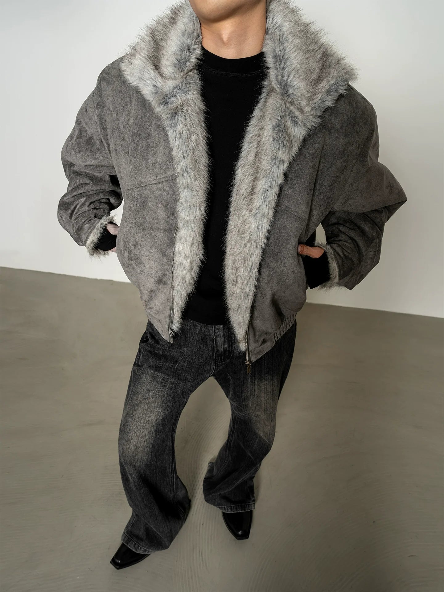 미국산 두꺼운 스웨이드, 여우털 모조 스웨이드, 면 소재 재킷, 넉넉한 어깨 패드가 있는 두툼한 겨울 코트