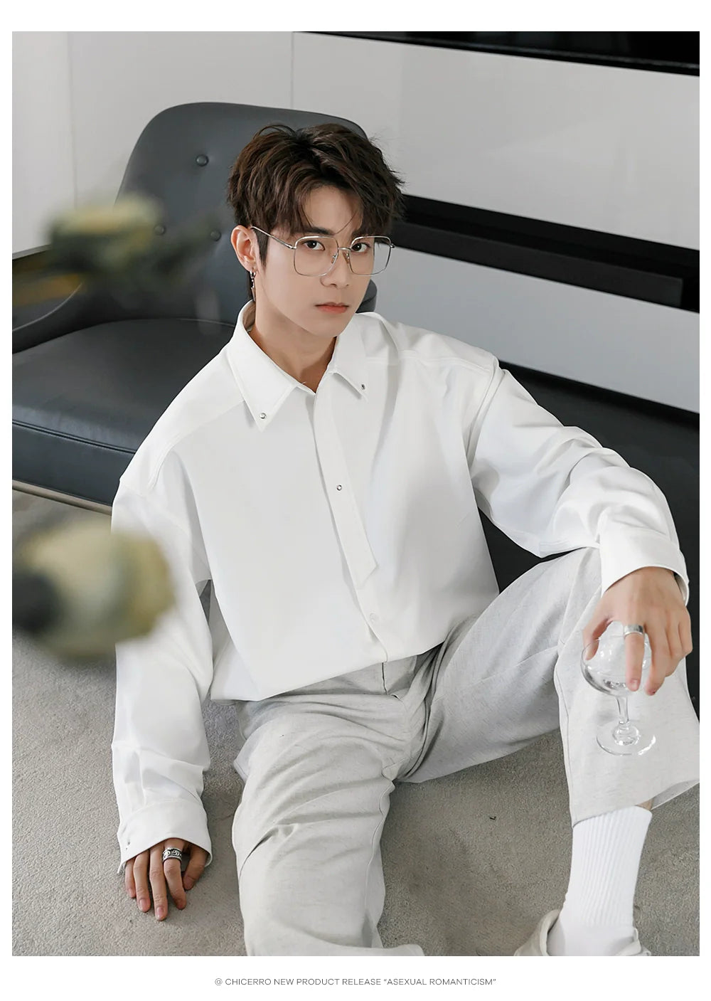 Men's Loose Casual Lapel Shirt Men's Solid Color Premium Tie Long Sleeve Shirt