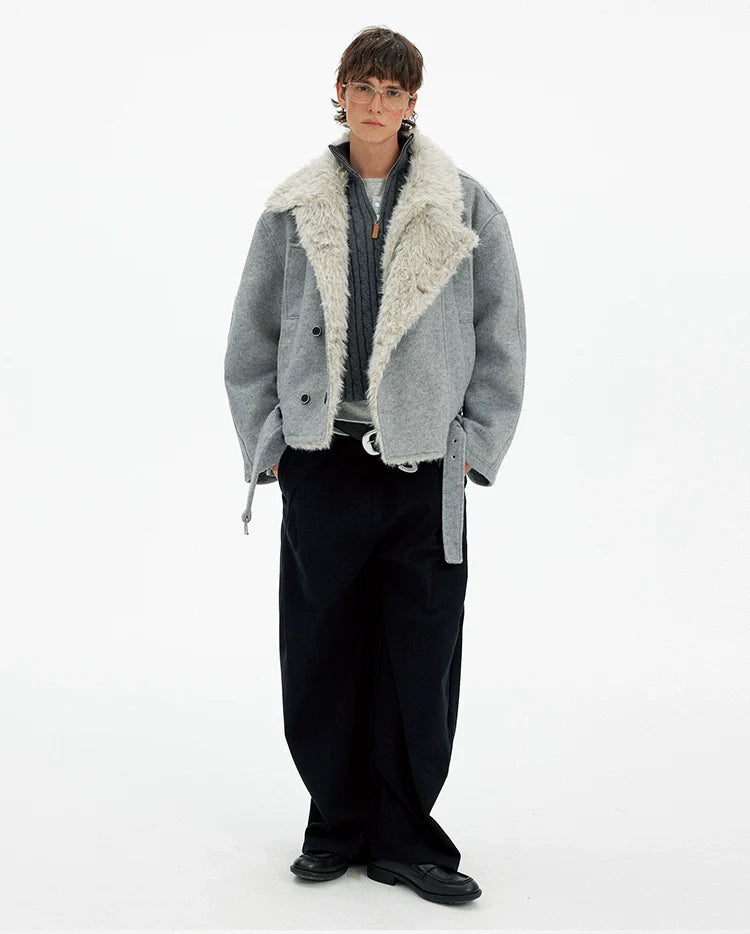 Vintage high-end double-breasted fur collar cotton clothes men's and women's winter casual wool blended warm jacket