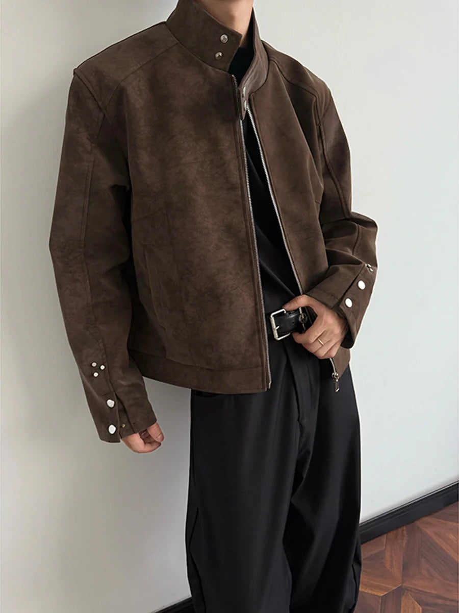 아메리칸 해링턴 PU 가죽 재킷, 남성용 트렌디 브랜드, 가을 하이 스트리트 디자인 감각, 멋쟁이 남성복, 스탠드업 칼라 가죽 재킷