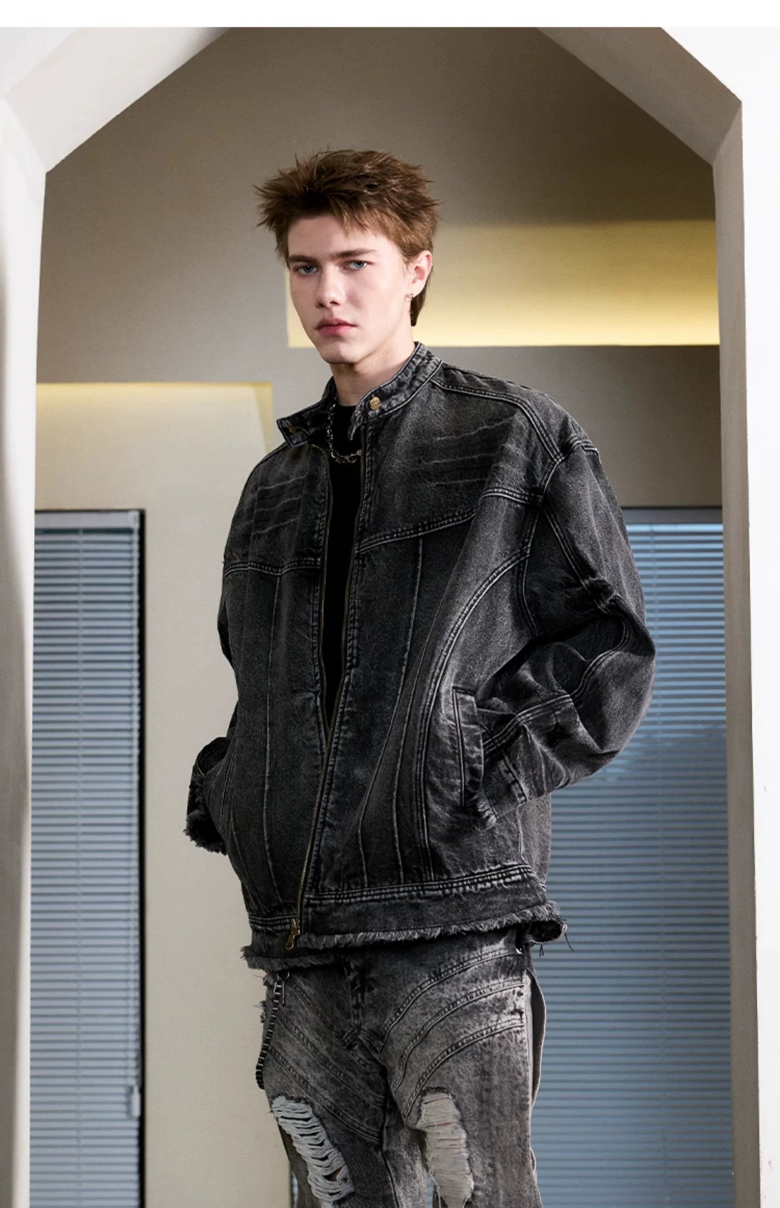 Heavy washed denim jacket American high street stand-up collar jacket SIN0992