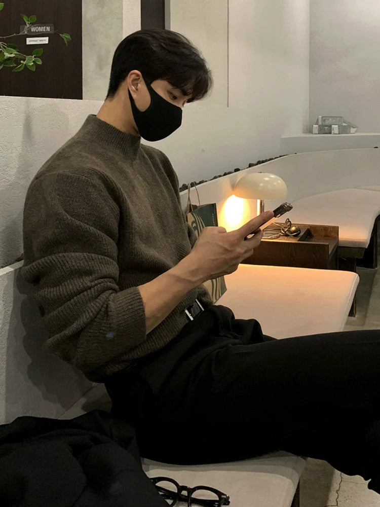 Autumn and winter semi-turtleneck sweater men's Korean trend solid color knitted sweater medium neck bottoming shirt warm inside