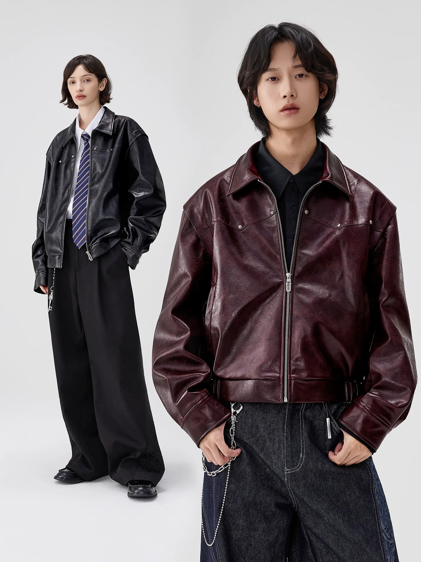 Court embossed silhouette PU leather short jacket men's lapel locomotive leather jacket autumn new