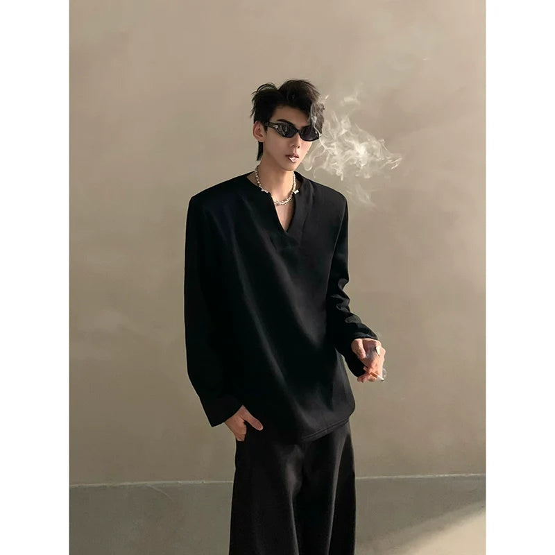 가을 고급 브이넥 금속 장식 어깨 패드 긴팔 티셔츠, 남성용 멋쟁이 루즈핏 상의