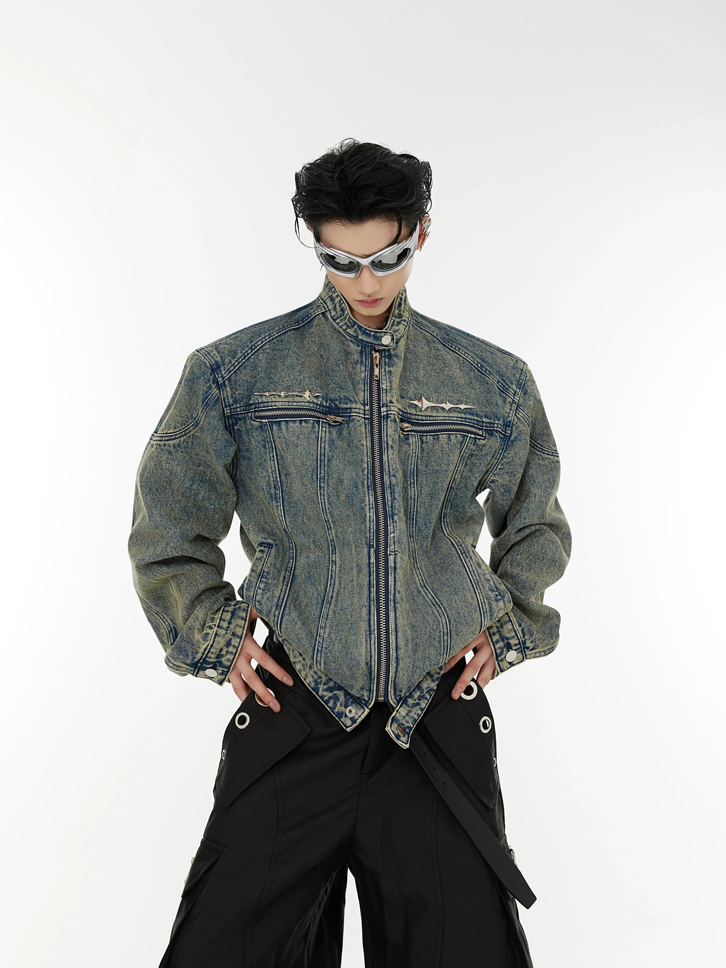 Retro washed shoulder pads short denim jacket metal design collarless jacket men