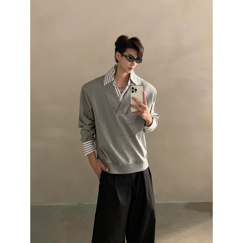 니치 디자인 감각의 가짜 투피스 스플라이싱 스웨터, 남성용 고급스러운 느낌의 멋쟁이 셔츠 칼라 긴팔 상의