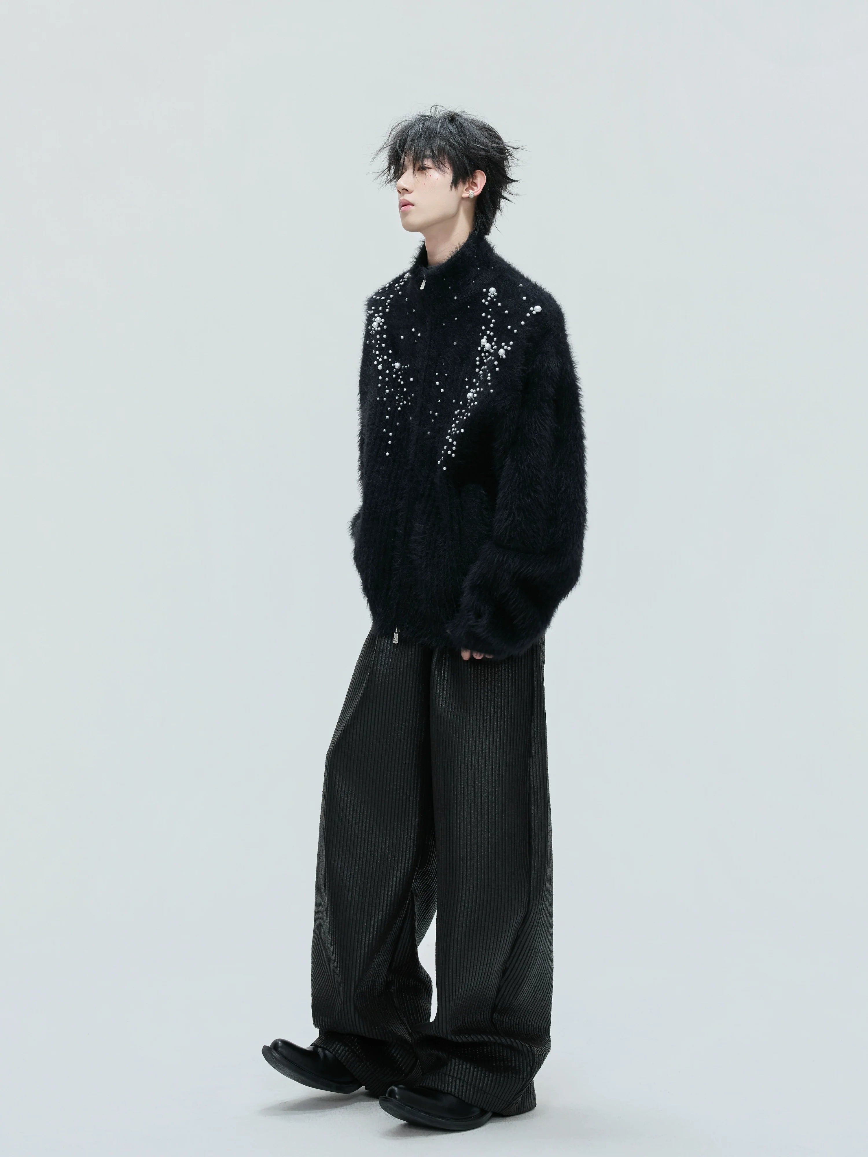 Turtleneck plush pearl embellished sweater cardigan extravagant thickened knitted sweater