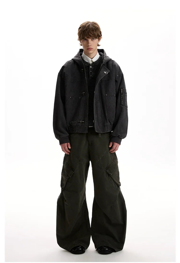 Vintage washed old plane buckle design hooded jacket SIN0952