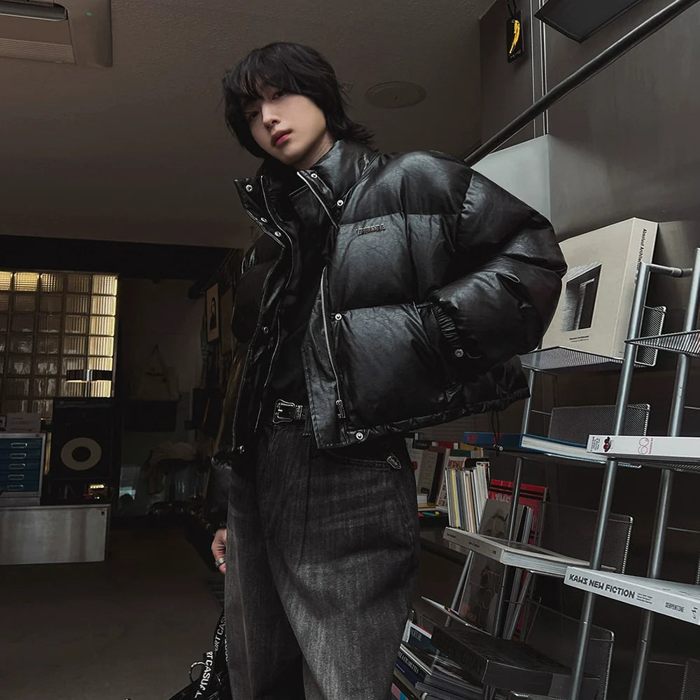고급 인조가죽 소재의 남성용 겨울 루즈핏 따뜻한 루즈핏 재킷, 한국 트렌디한 스탠드업 칼라 면 소재 의류